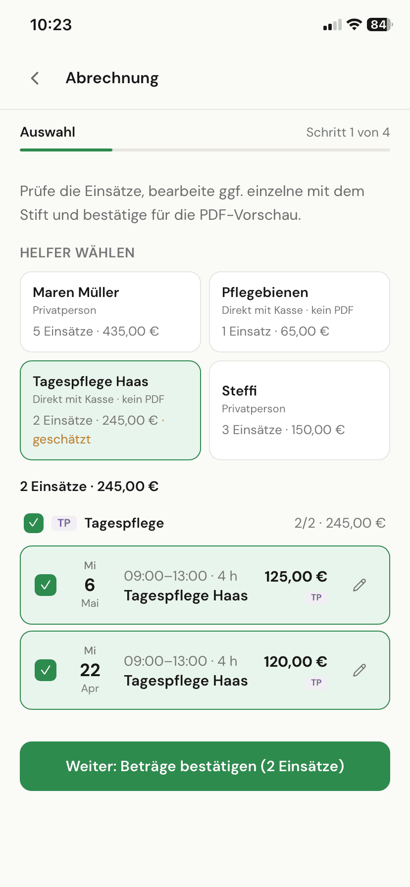 App-Screen Abrechnung-Erstellung