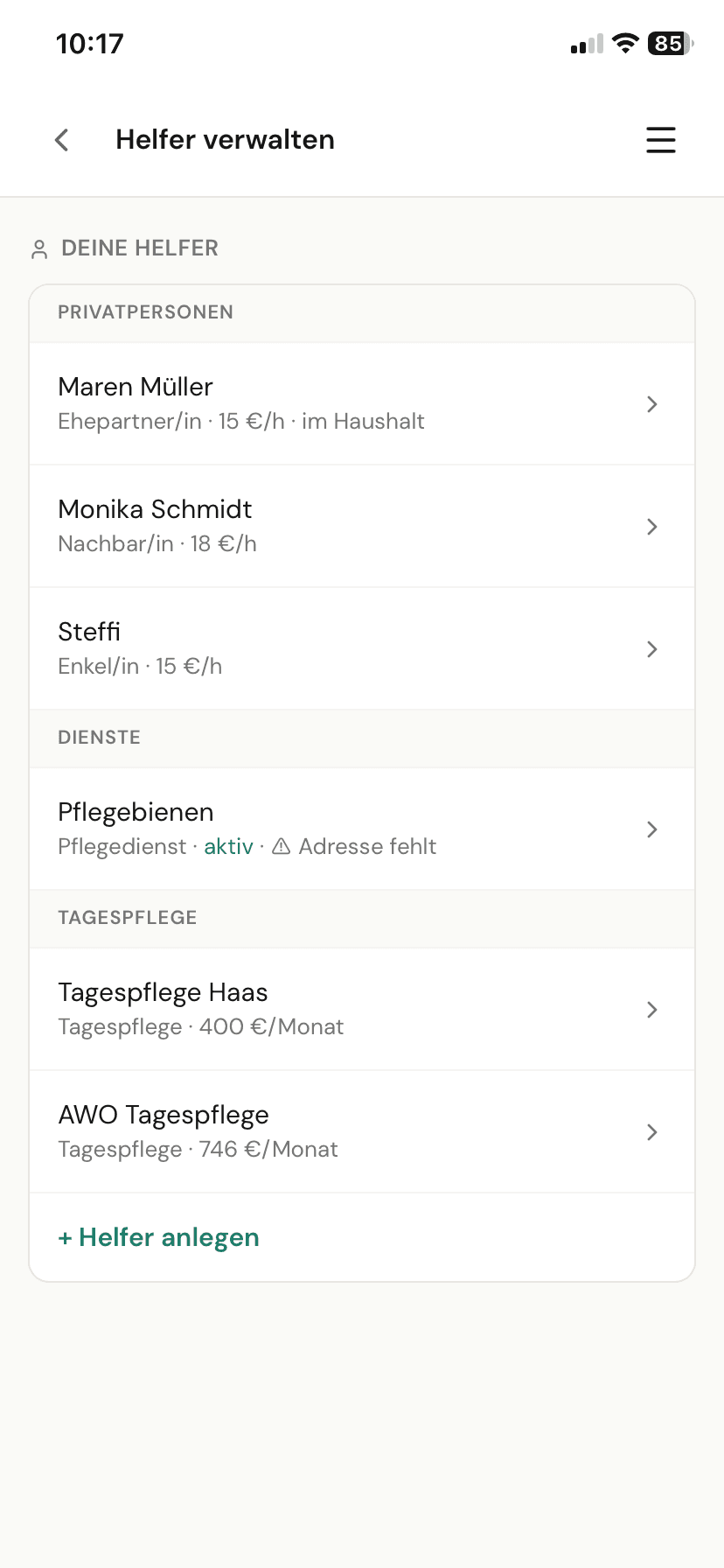 App-Screen Helfer-Übersicht